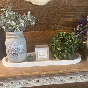 Farmhouse 4 piece - Mason Jar with spray of greenery, candle and greenery ball